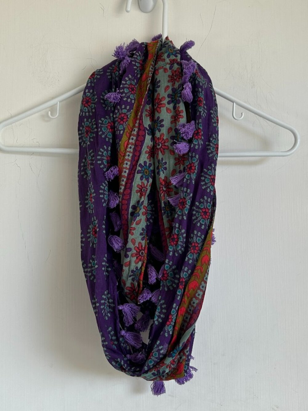 Purple Infinity Scarf with Pom Poms